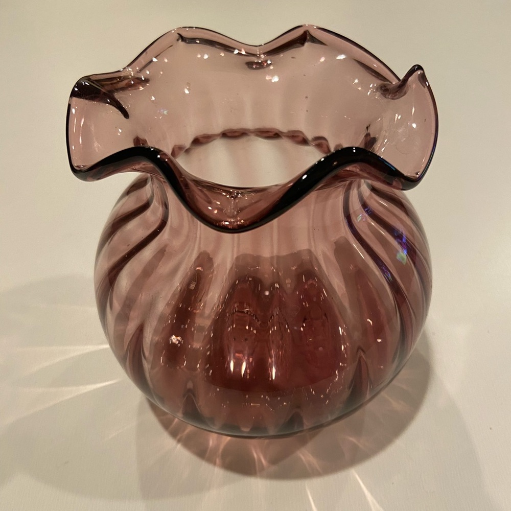 Vintage Blown Glass Amethyst Cranberry Ruffle Top Vase
